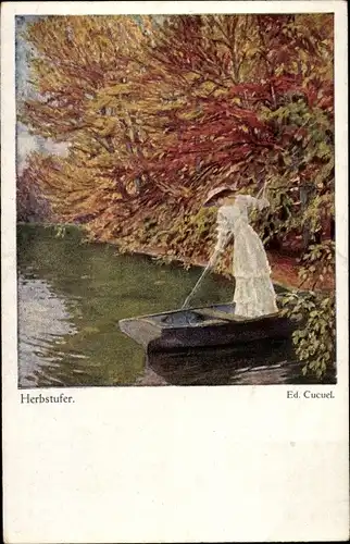Künstler Ak Cucuel, Ed., Herbstufer, Frau im Ruderboot