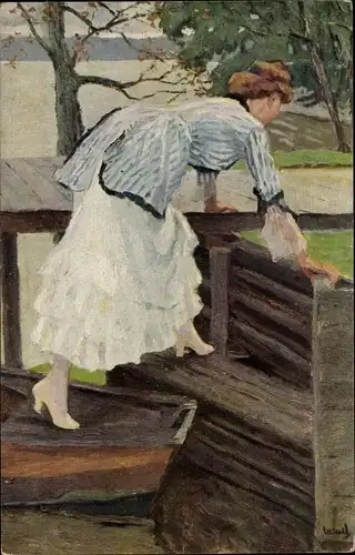 Künstler Ak Cucuel, Ed., Landungsplatz, Ruderboot, Frau