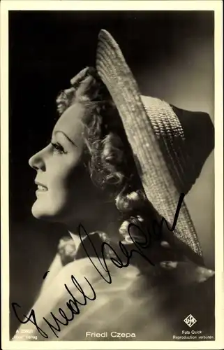 Ak Schauspielerin Friedl Czepa, Portrait im Profil, Strohhut, Autogramm