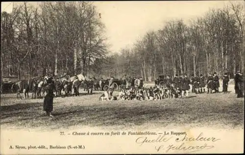 Ak Jagd im Wald von Fontainebleau, Jagdgesellschaft, Reiter, Hundemeute