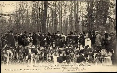 Ak Jagd im Wald von Fontainebleau, Jagdgesellschaft, Hundemeute