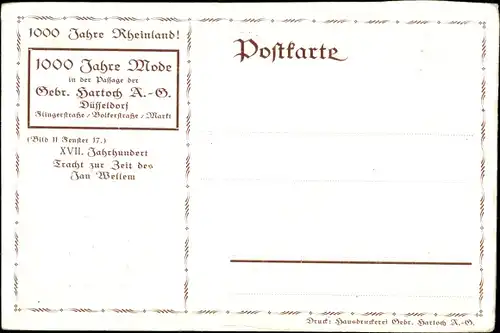 Künstler Ak 1000 Jahre Rheinland, 1000 Jahre Mode, Gebr. Hartoch AG, Düsseldorf