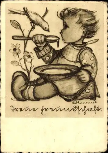 Künstler Ak Hummel, Berta, Treue Freundschaft, Kind, Vogel, Nr. 4499