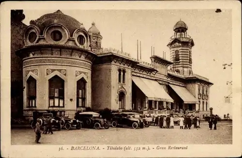 Ak Barcelona Katalonien, Tibidabo, Gran Restaurant, Autos vor dem Gebäude