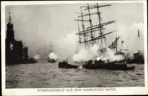 Ak Hamburger Hafen, Stimmungsbild, Viermastbark vor Anker, Schleppschiffe