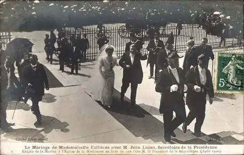 Ak Hochzeit Mademoiselle Fallières mit Jean Lanes, Sekretär des Präsidenten, Madeleine-Kirche, 1908