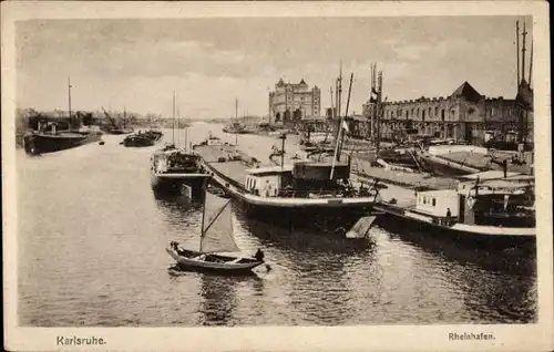 Ak Karlsruhe in Baden, Rheinhafen, Binnenschiffe