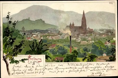 Künstler Litho Kley, Freiburg im Breisgau, Blick über die Dächer der Stadt, Kirche
