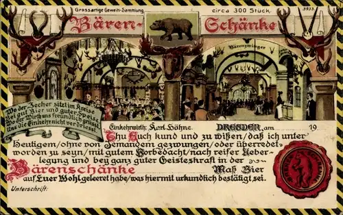 Litho Dresden, Geweihsammlung der Bärenschänke, Wirt Karl Höhne, Siegel