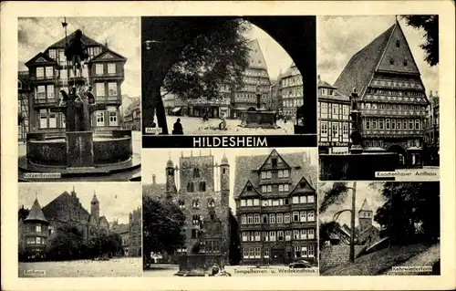 Ak Hildesheim in Niedersachsen, Katzenbrunnen, Kehrwiederturm, Tempelherren- und Wedekindhaus