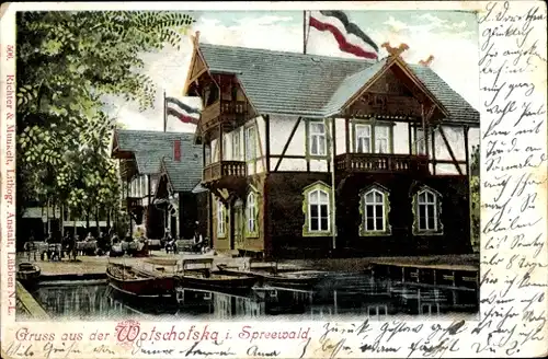 Ak Wotschofska Lübbenau im Spreewald, Gebäude, Fahne, Boote