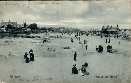 Ak Ostseebad Ahlbeck Heringsdorf auf Usedom, Strand, Hotels, Seebrücke, Badegäste