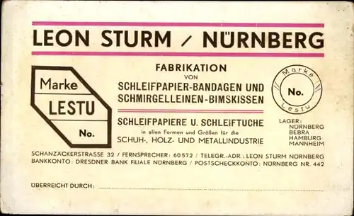 Ak Nürnberg in Mittelfranken, Leon Sturm, Fabrikation, Schleifpapier-Bandagen, Marke LESTU