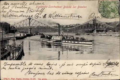 Ak Dresden Blasewitz, Blasewitz-Loschwitzer Brücke, Raddampfer