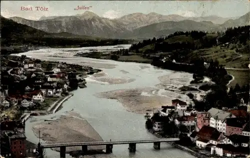 Ak Bad Tölz in Oberbayern, Totalansicht, Brücke, Juifen