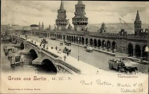 Ak Berlin Friedrichshain, Oberbaumbrücke, Hochbahn, Spree, Kutschen