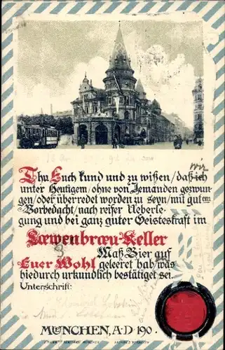 Präge Ak München Bayern, Löwenbräu Keller, Urkunde