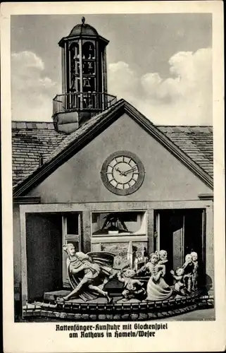Ak Hameln an der Weser Niedersachsen, Rattenfänger-Kunstuhr, Glockenspiel, Rathaus