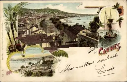 Litho Cannes Alpes Maritimes, Panorama, Segelboot, Promenade