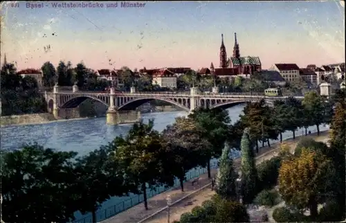 Ak Basel Bâle Stadt Schweiz, Wettsteinbrücke, Münster