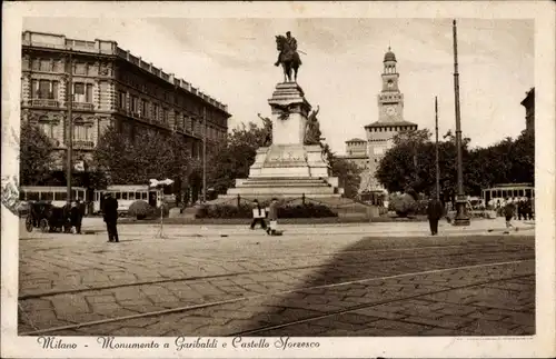 Ak Milano Mailand Lombardia, Monumento Garibaldi, Castello Sforzesco