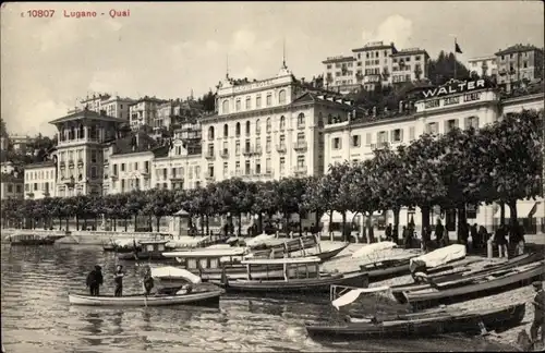 Ak Lugano Kt. Tessin Schweiz, Quai, Boote im Hafen, Hotel Walter