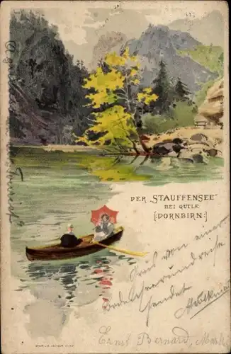 Litho Dornbirn in Vorarlberg, Der Stauffensee bei Gütle, Ruderboot
