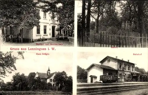 Ak Lenningsen Bönen in Westfalen, Bahnhof, Gleisseite, Gasthof, Haus Brügen