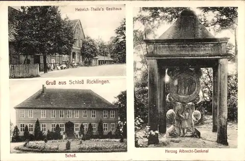 Ak Schloß Ricklingen Garbsen in Niedersachsen, Herzog Albrecht-Denkmal, Schloss, Gasthaus