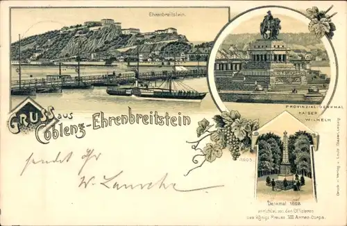 Litho Ehrenbreitstein Koblenz, Festung, Dampfer, Denkmal Kaiser Wilhelm I., Denkmal 1866