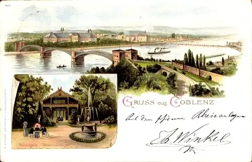 Litho Koblenz in Rheinland Pfalz, Trinkhalle, Rheinanlagen, Panorama