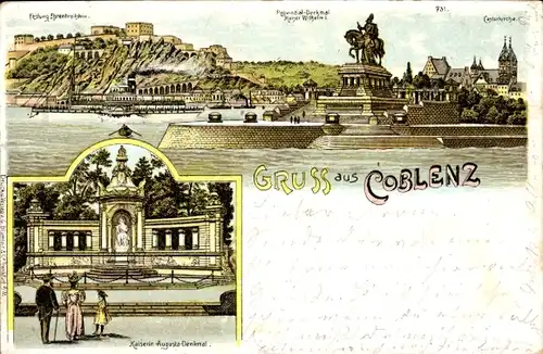 Litho Koblenz Rhein, Ehrenbreitstein, Wilhelm-Denkmal, Kaiserin-Augusta-Denkmal