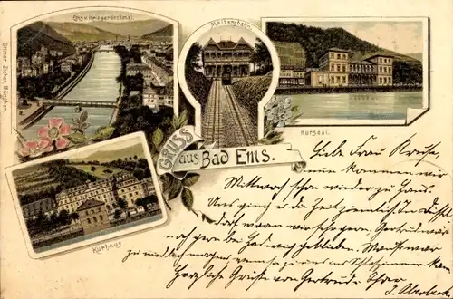 Litho Bad Ems an der Lahn, Kurhaus, Malbergbahn, Kursaal