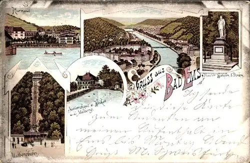 Litho Bad Ems im Rhein Lahn Kreis, Kurhaus, Malbergbahn, Denkmal, Stationshaus und Weiher