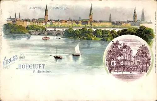 Litho Hamburg, Alster, Segelboot, Restaurant Hoheluft