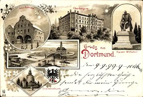 Wappen Litho Dortmund im Ruhrgebiet, Altes Rathaus, Oberbergamt, Kaiser Wilhelm I, Steinersturm