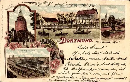 Litho Dortmund im Ruhrgebiet, Buschmühle, Bahnhof, Post, Vehmlinde