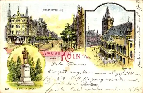 Litho Köln am Rhein, Hohenzollernring, Rathaus, Bismarck-Denkmal