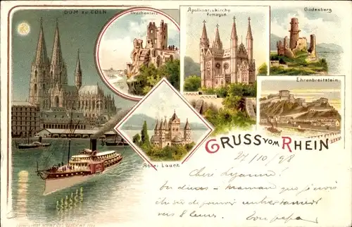 Mondschein Litho Köln am Rhein, Godesburg, Dom, Ehrenbreitstein, Abtei Laach