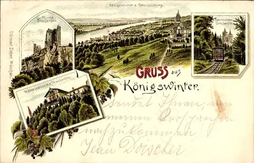 Litho Königswinter am Rhein, Ruine Drachenfels, Restauration, Zahnradbahn, Panorama