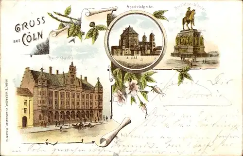 Litho Köln am Rhein, Reichsbank, Apostelnkirche, Friedrich-Wilhelm-Denkmal