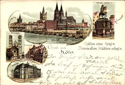 Litho Köln am Rhein, St. Gereon, Gürzenich, Theater, Denkmal Friedrich Wilhelm III