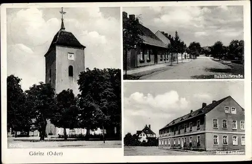 Ak Göritz an der Oder Górzyca Ostbrandenburg, Haus Lindner, Bahnhofstraße, Kirche