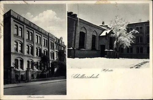 Ak Halle an der Saale, Schillerschule, Hofseite im Winter, Straßenseite