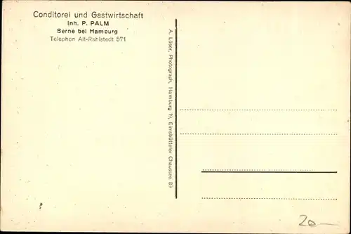 Ak Hamburg Wandsbek Farmsen Berne, Palms Konditorei und Gastwirtschaft