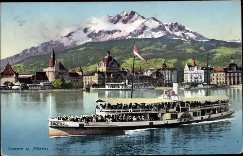Ak Luzern Stadt Schweiz, Panorama mit Pilatus, Salondampfer Unterwalden