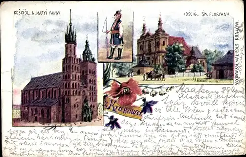 Künstler Ak Kraków Krakau Polen, Kosciol N. Maryi Panny, Sw. Floryana, Mann in Tracht