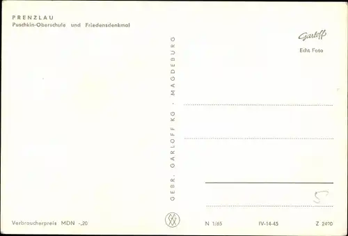 Ak Prenzlau in der Uckermark, Puschkin Oberschule und Friedensdenkmal