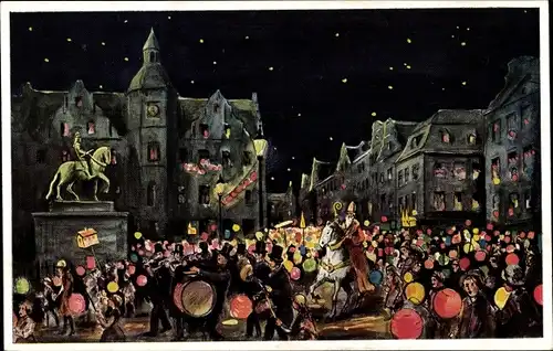 Künstler Ak Düsseldorf am Rhein, Martinsfest, Laternen, Nacht, Sternenhimmel