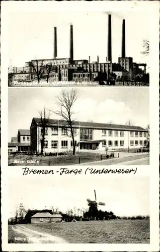 Ak Farge Blumenthal Hansestadt Bremen, Neue Schule, Windmühle, Fabrikgelände